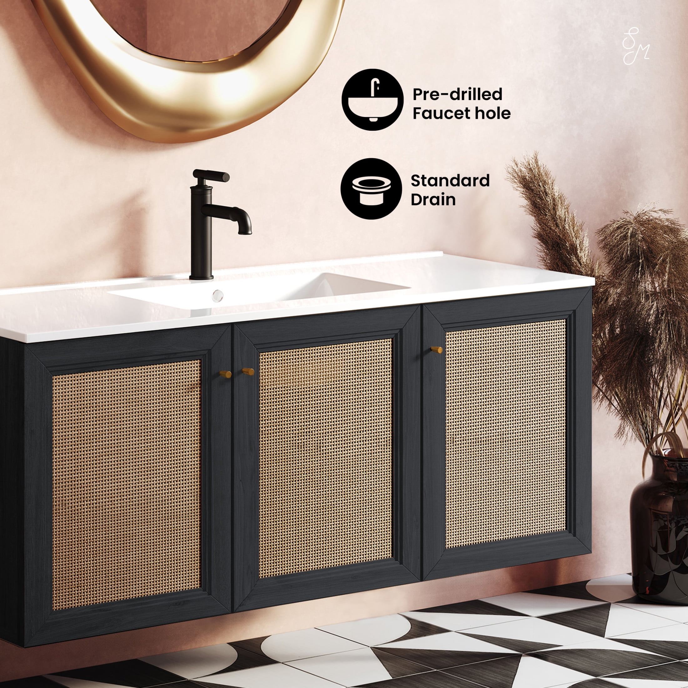 Classe 48" Wall-Mounted Bathroom Vanity in Black Oak