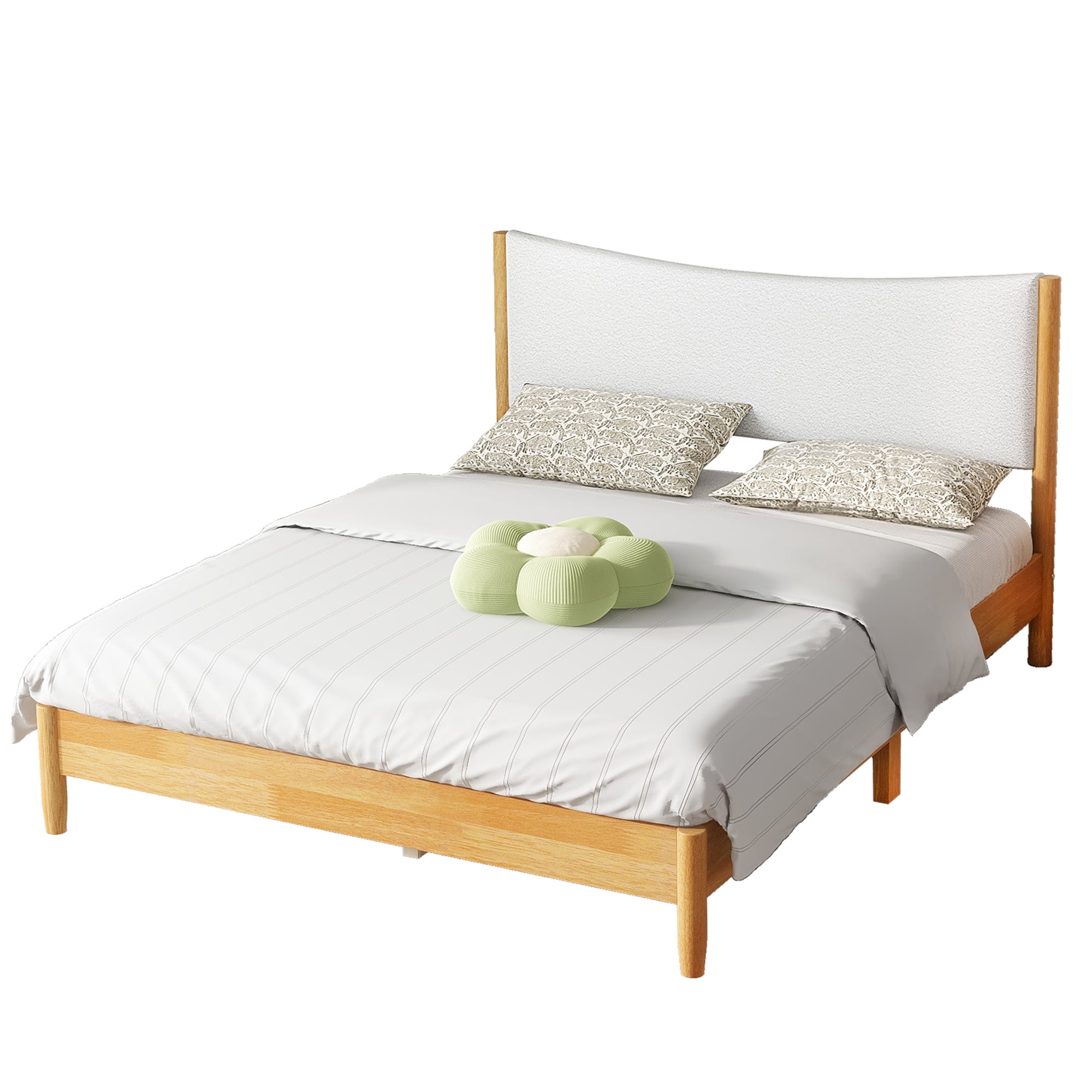 Leumius Queen Size Solid Rubber Wooden Bed with Boucle Upholstered Headboard, Enhanced by Support Feet for Teens and Adults Natural