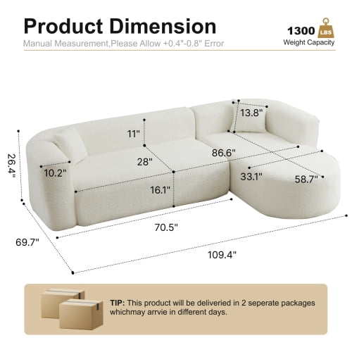 109.4" Boneless Modular Sectional Sofa with L-Shaped Chaise, Cloud-Like Chenille Couch, No Assembly Required, White