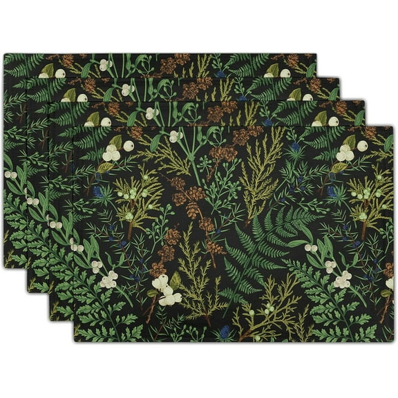 Green Leaves Placemats Set of 4 Botanical Fern Leaf Floral Place Mats Washable Kitchen Dining Spring Summer Black Linen Table Mats Stain Heat-Resistant for Home Party Indoor 12x18 in