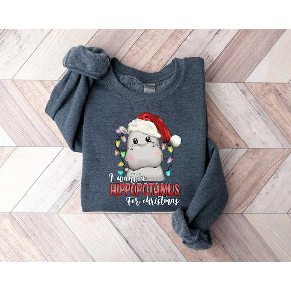 I Want A Hippopotamus For Christmas Sweatshirt, Hippo Christmas Lights Sweater, Christmas Hippopotamus Sweater, Cute Christmas Sweatshirt
