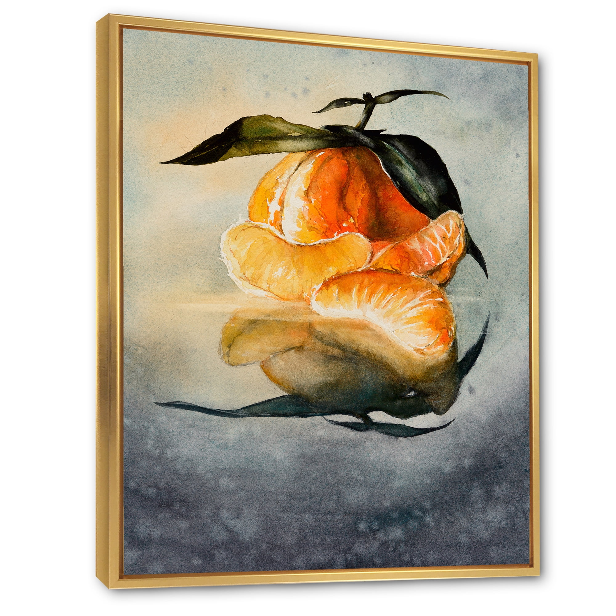 Designart 'One Peeled Fresh Orange Mandarin Under Green Leaves' Traditional Framed Canvas Wall Art Print