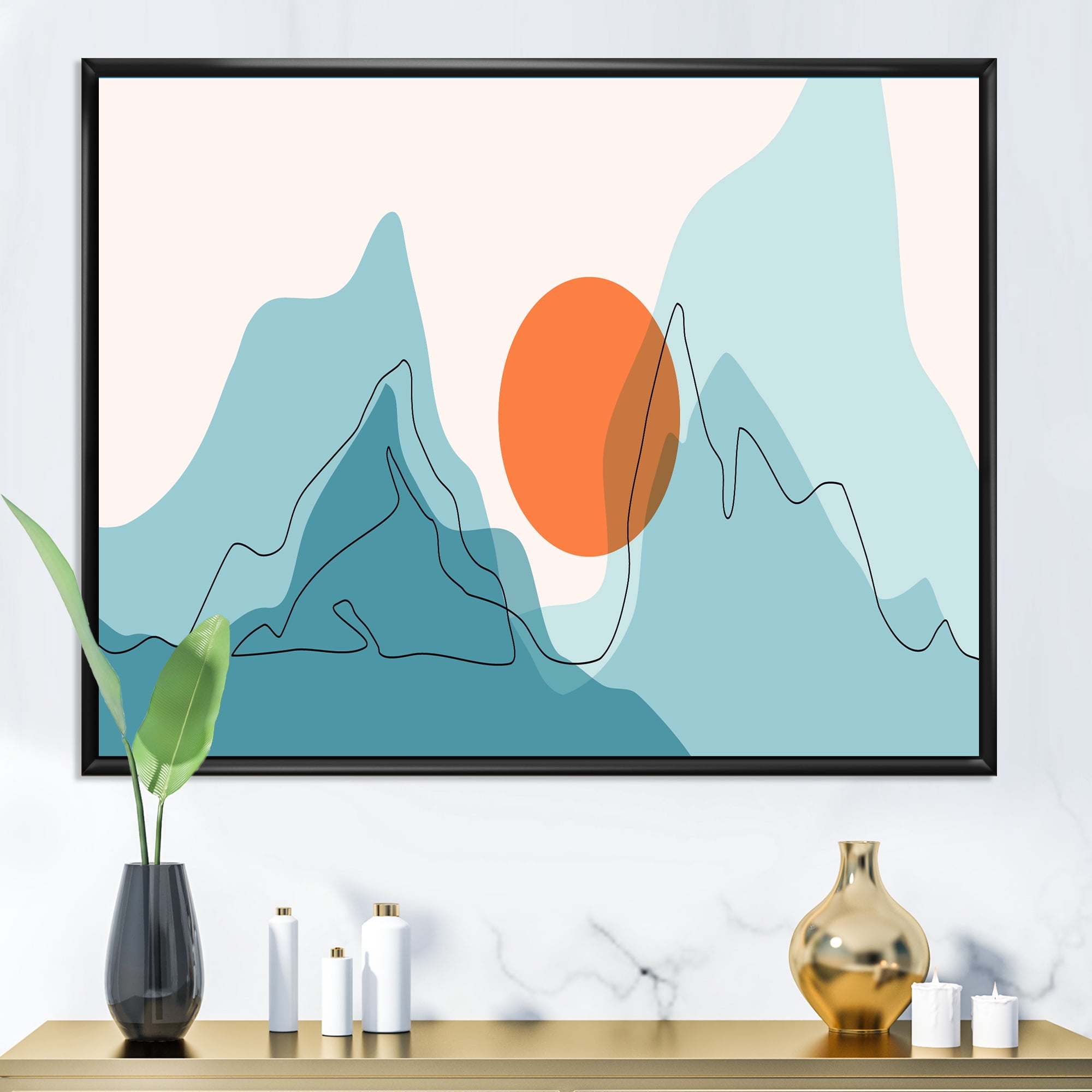 Designart 'Abstract Blue Mountains With Red Moon I' Modern Framed Canvas Wall Art Print