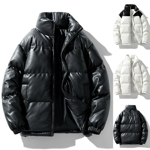 FRSASU Mens Color Block PU Leather Puffer Jacket Stand Collar Full Zip Coats Thicken Winter Warm Padded Coats Outwear White