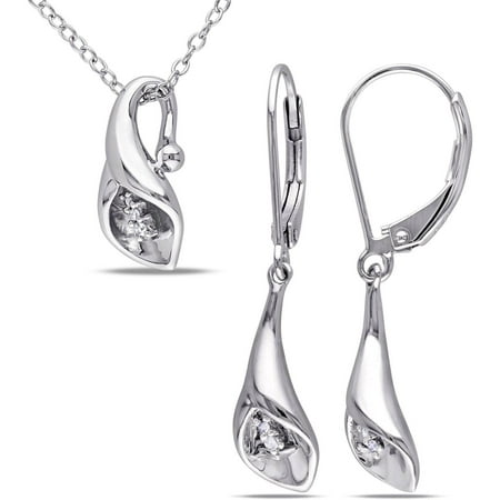 Miabella Diamond-Accent Sterling Silver Floral Pendant and Dangle Leverback Earrings Set, 18