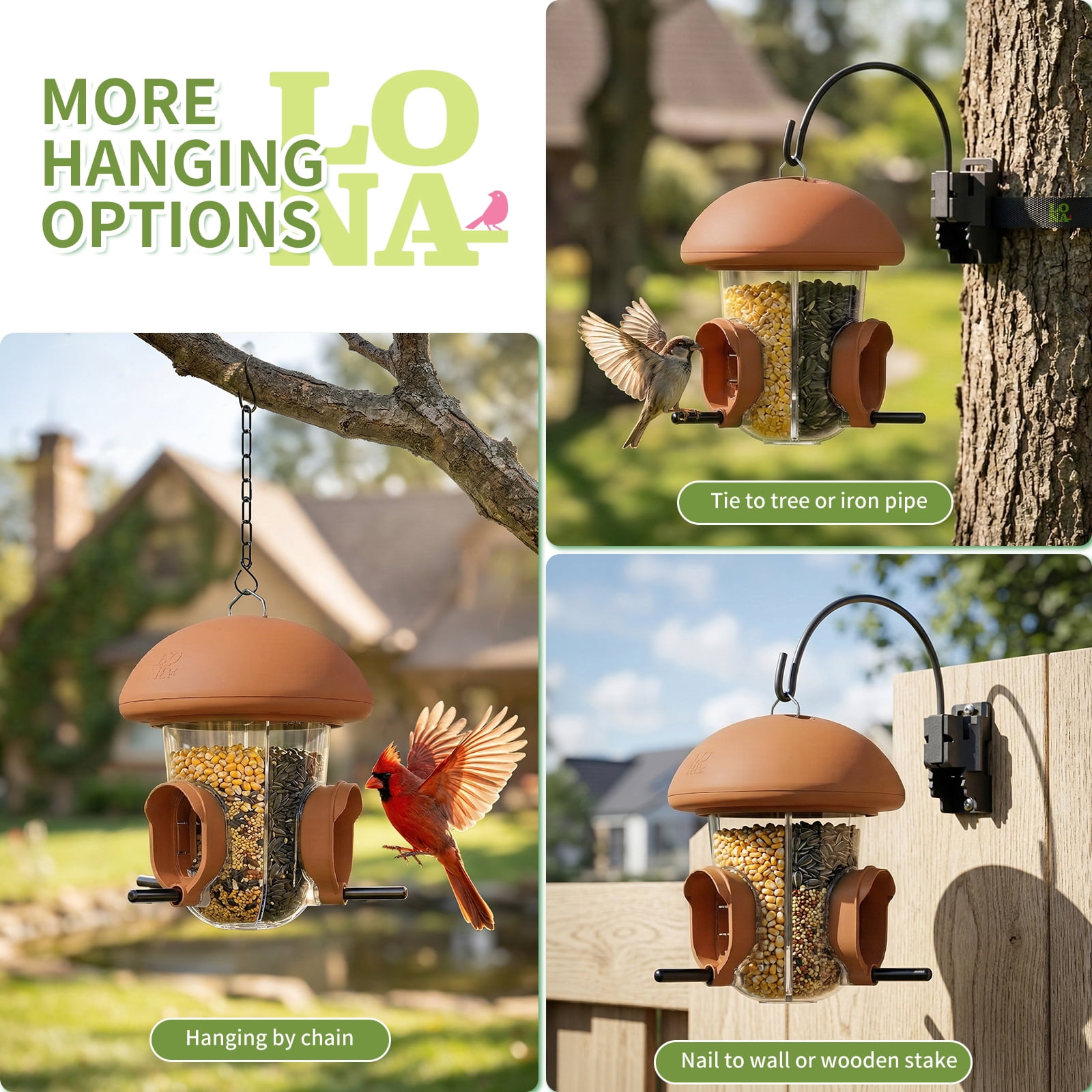 LONA-S610 Outdoor Bird Feeder, 3-Compartment Hanging Feeder with Weatherproof Dome & 3 Ports (Brown)