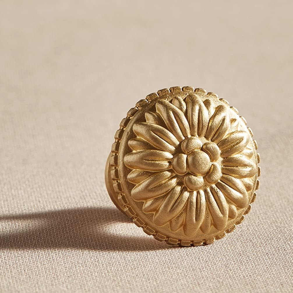 ABCISI Brass Cabinet Round Flower Knobs, 4 Pack Gold Euro Style Cabinet Knob Dresser Drawer Modern Dresser Drawer Knobs, Vintage Decorative Brass Cabinet Knobs