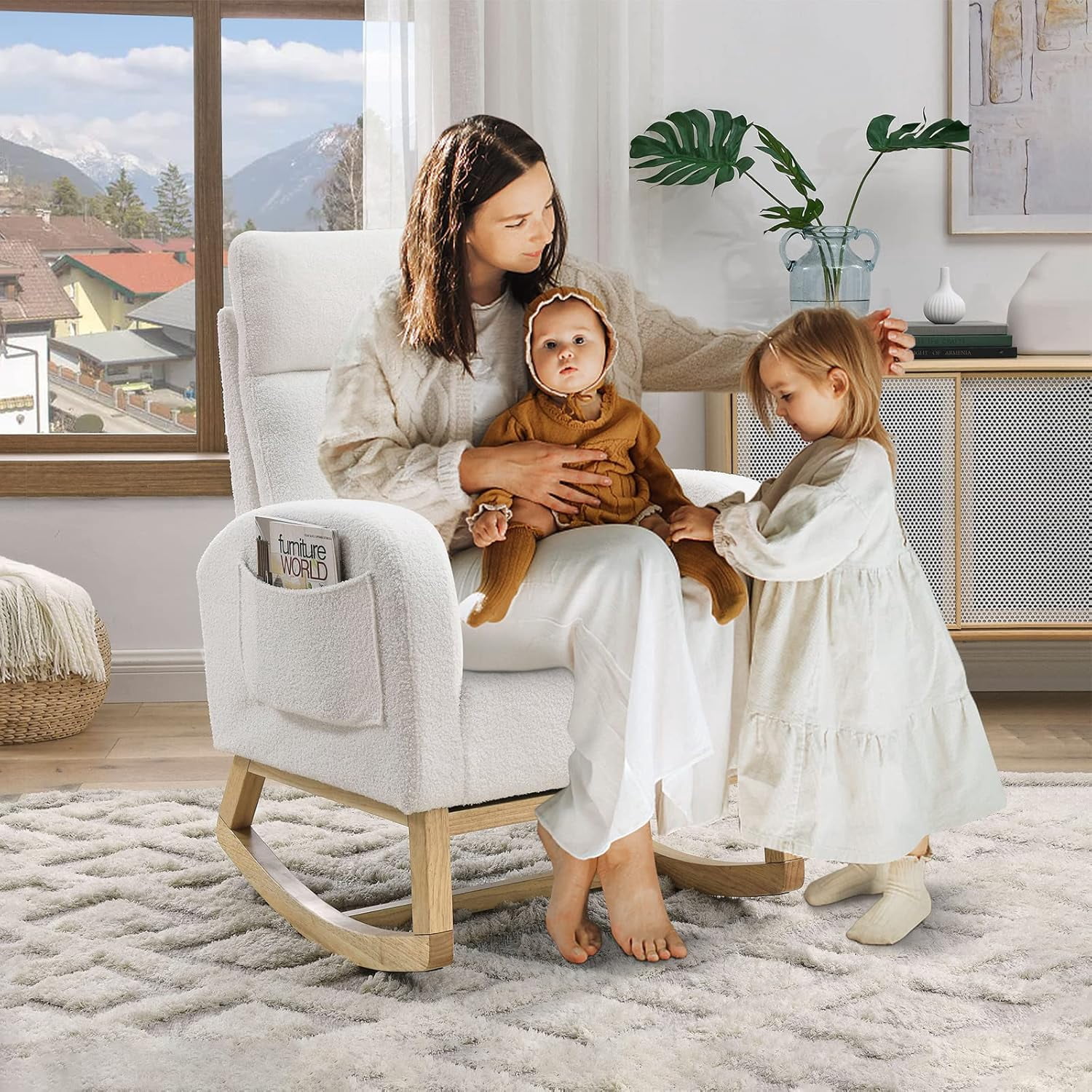 Nursery Rocking Glider Chair, Modern Fabric Tall Back Accent Rocker Chair Upholstered Arm Chair w/Side Pockets, Modern Leisure Single Sofa for Living Room, Hotel, Bedroom, Office, Grey