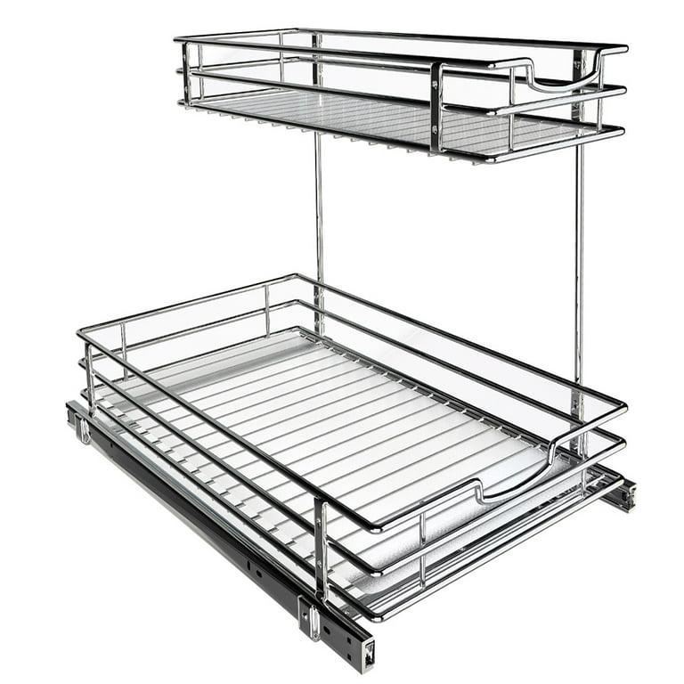 Fuleadture Slide Out Under Sink Cabinet Organizer - Pull Out Two Tier  Sliding Shelf -12in wide x 18inch deep - Silver 