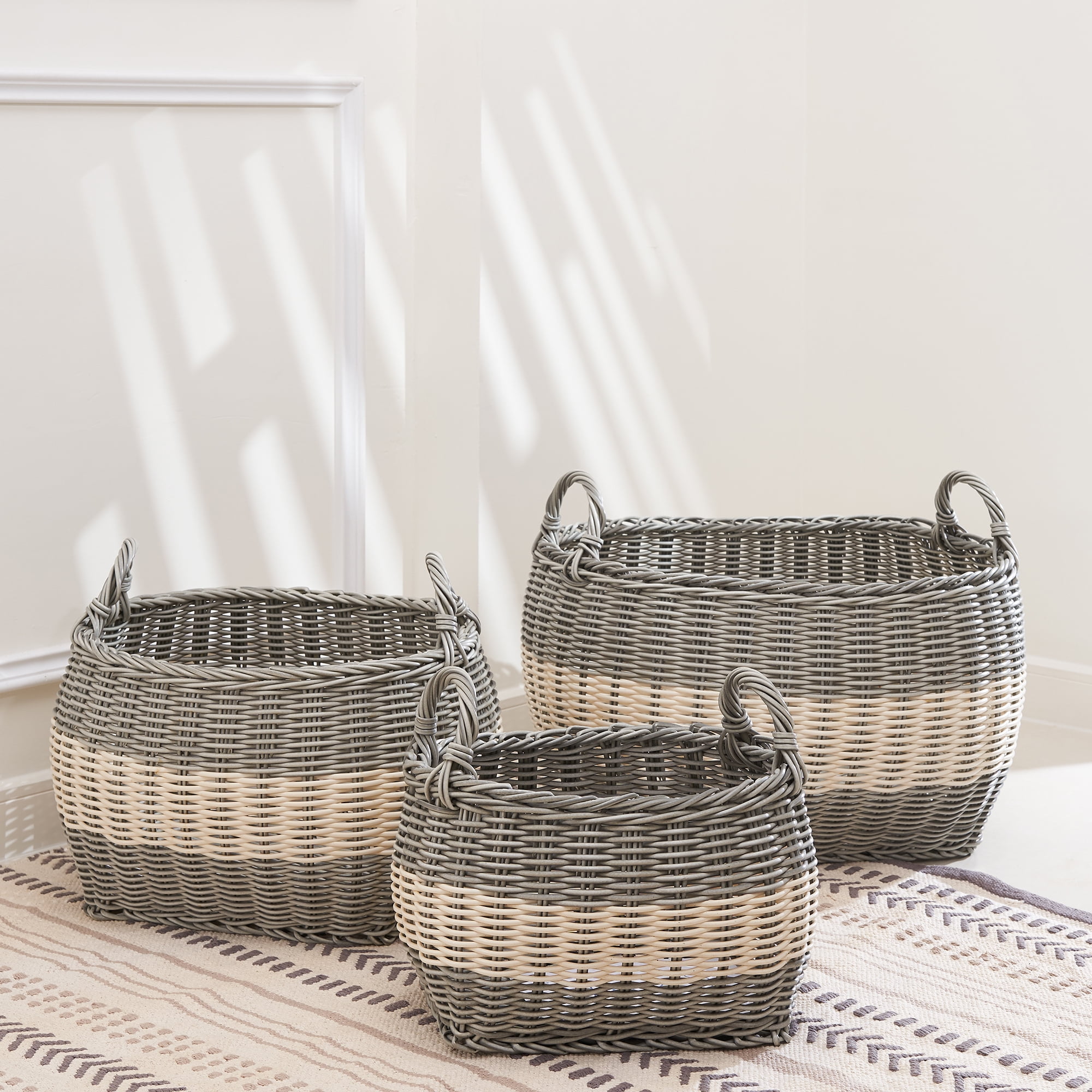 Hannah 3-piece Assorted Stackable Oval Resin Storage and Laundry Basket Set with Handles