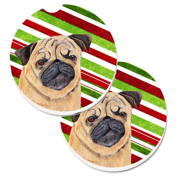 Pug Candy Cane Holiday Christmas Set of 2 Cup Holder Car Coaster