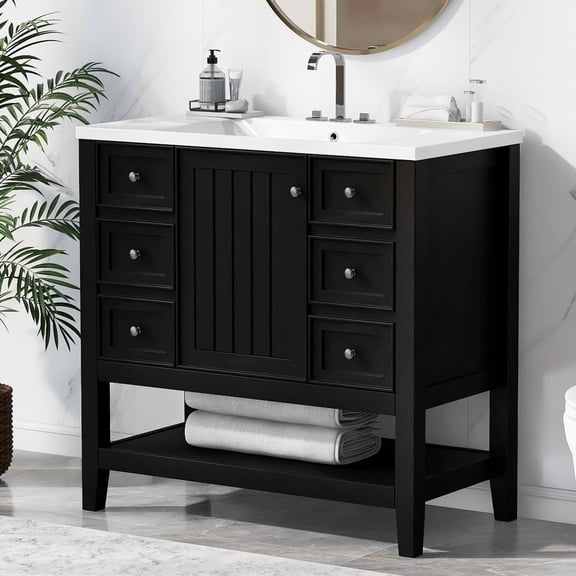 MAYEERTY 36" Bathroom Vanity with Sink 1 Cabinet 3 Drawers Solid Wood MDF Black