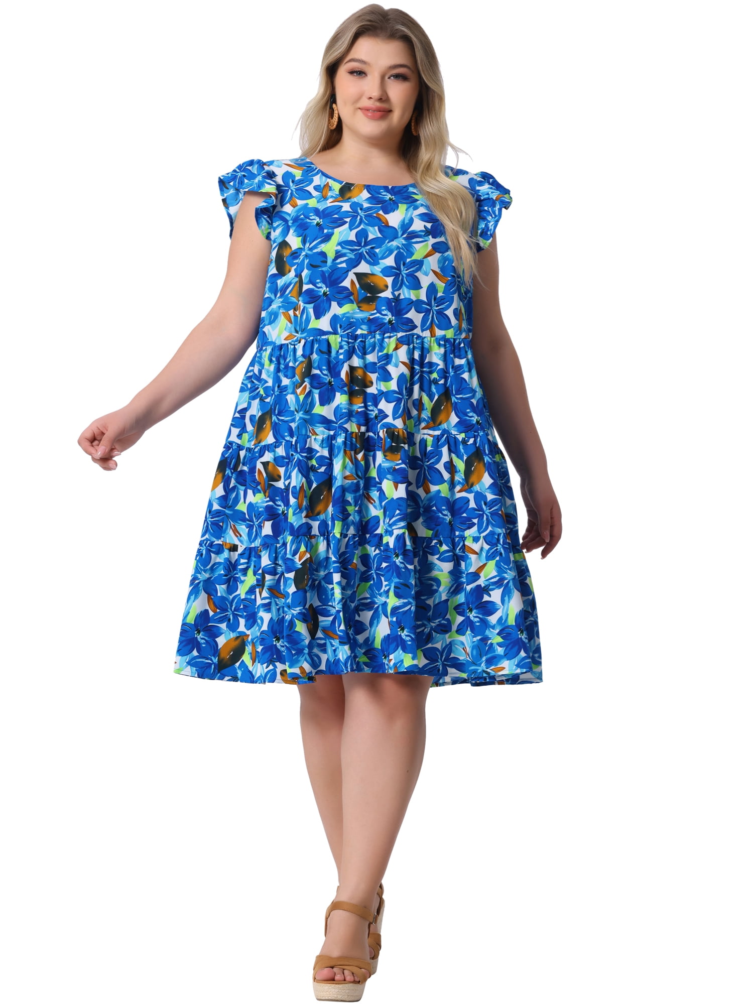 DARING DIVA Plus Size Boho Flutter Sleeves Round Neck Floral Print Dress 3X Blue
