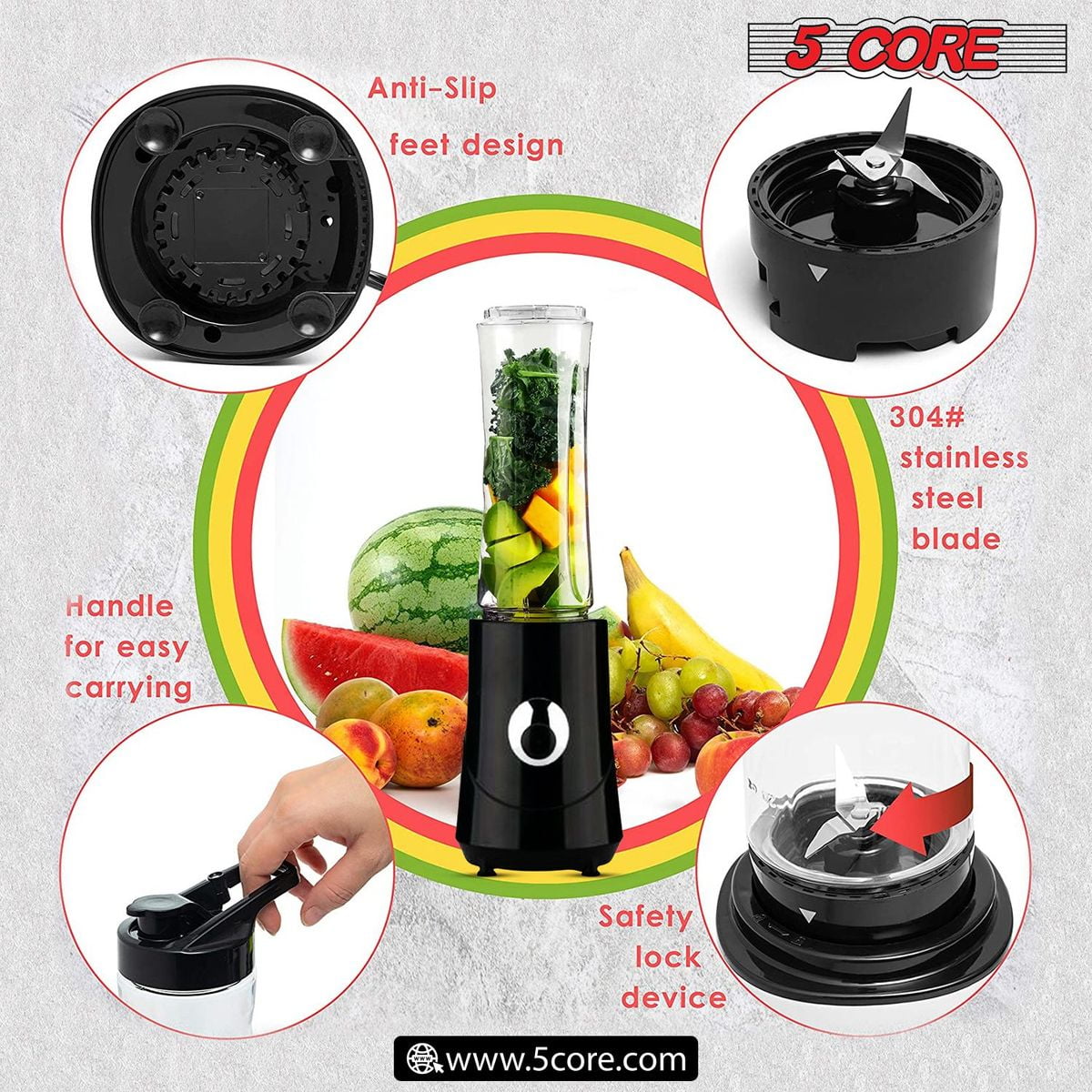 5 Core 600ml Personal Blender for Shakes and Smoothies; Powerful &  Professional Smoothie Maker with Portable Bottle 300W Electric Motor BPA  Free Food Processor 20 Oz 4 Stainless Steel Blade 5C 521 