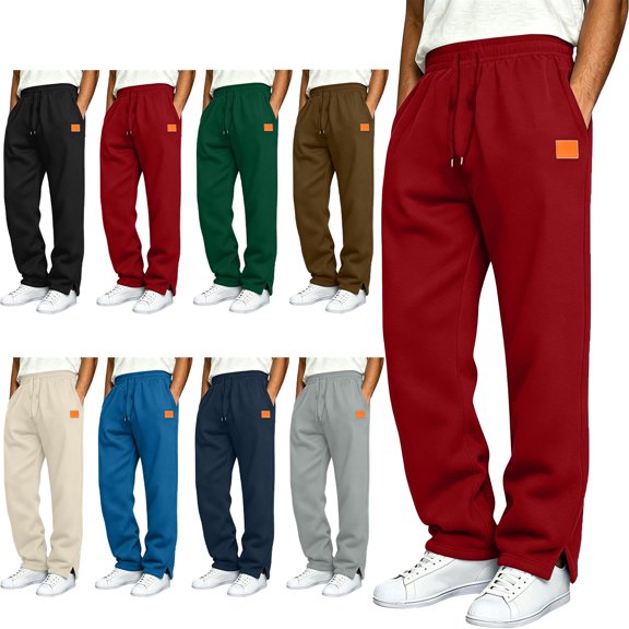 SYwaren Sweatpants Men's Straight Leg Drawstring Split Hem Slit Hem Solid Color Leather Patch Casual