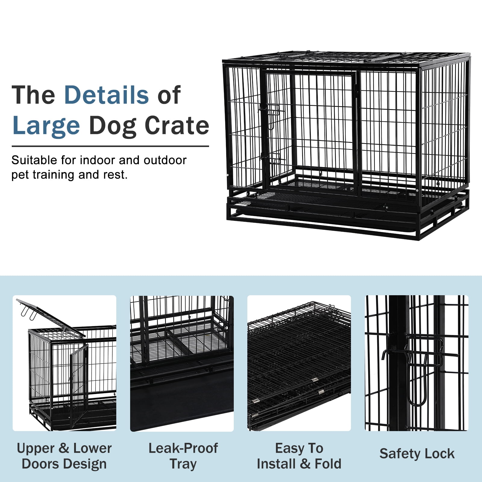CL.HPAHKL 42 Inch Dog Crate, Heavy Duty Dog Kennel with Lockable Wheels Wire Dog Crate with Double-Door,Divider Panel, Removable Tray Indestructible Dog Crates Dog Cage for Large Medium Dogs, Black