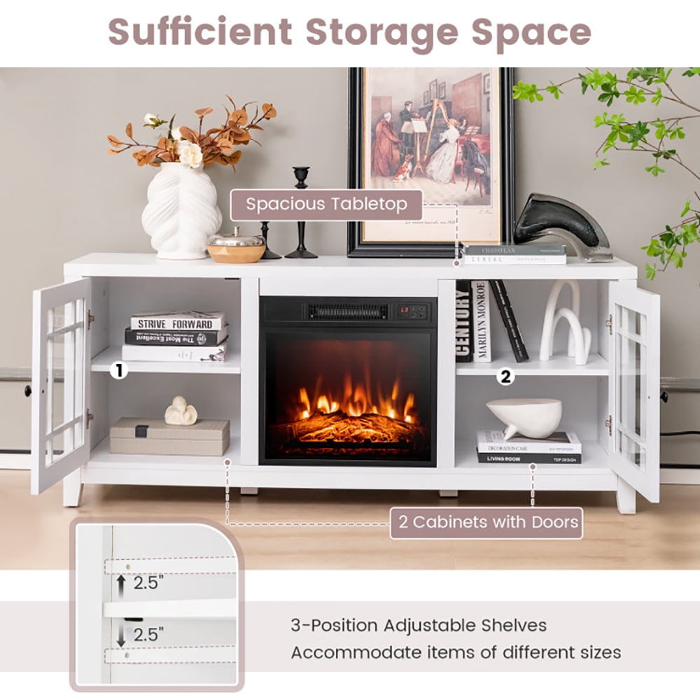 Finihen TV Stand, TV Cabinet, 58 Inch Fireplace TV Stand with Adjustable Shelves for TVs up to 65 Inch, for Living Room, Bedroom, White