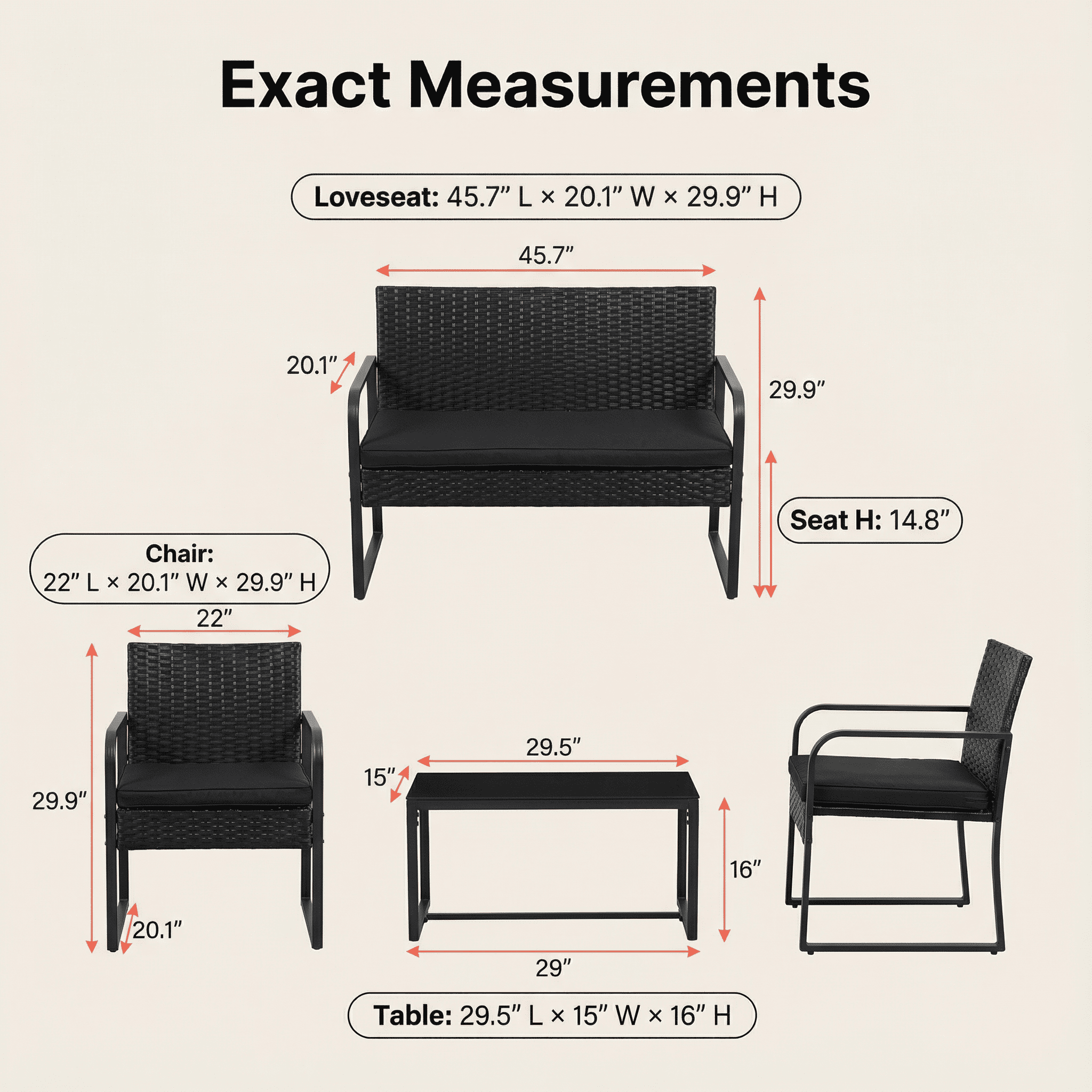 Patio Furniture Set Lofka 4 Pieces Outdoor Wicker Conversation Set with Tempered Glass Table, Modern Rattan for Balcony/Porch/Poolside, Black Cushion