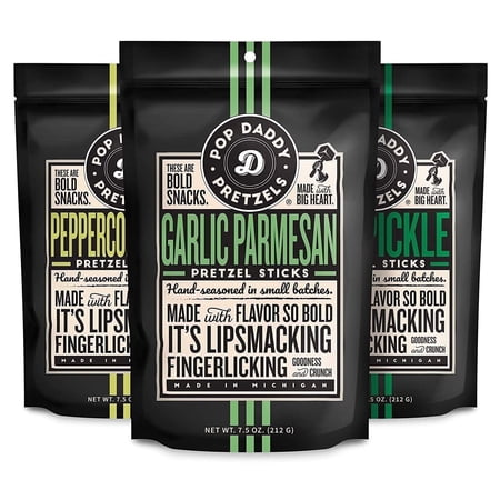 Pop Daddy Flavored Pretzels Sticks, Gourmet Pretzels, 7.5oz Variety Pack, 3 Pack, Garlic Parmesan, Peppercorn Ranch and Dill Pickle