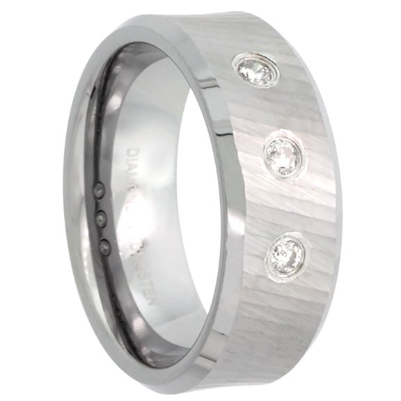 Tungsten Beveled Edges 3 Stone Diamond Wedding Band Rings 8mm