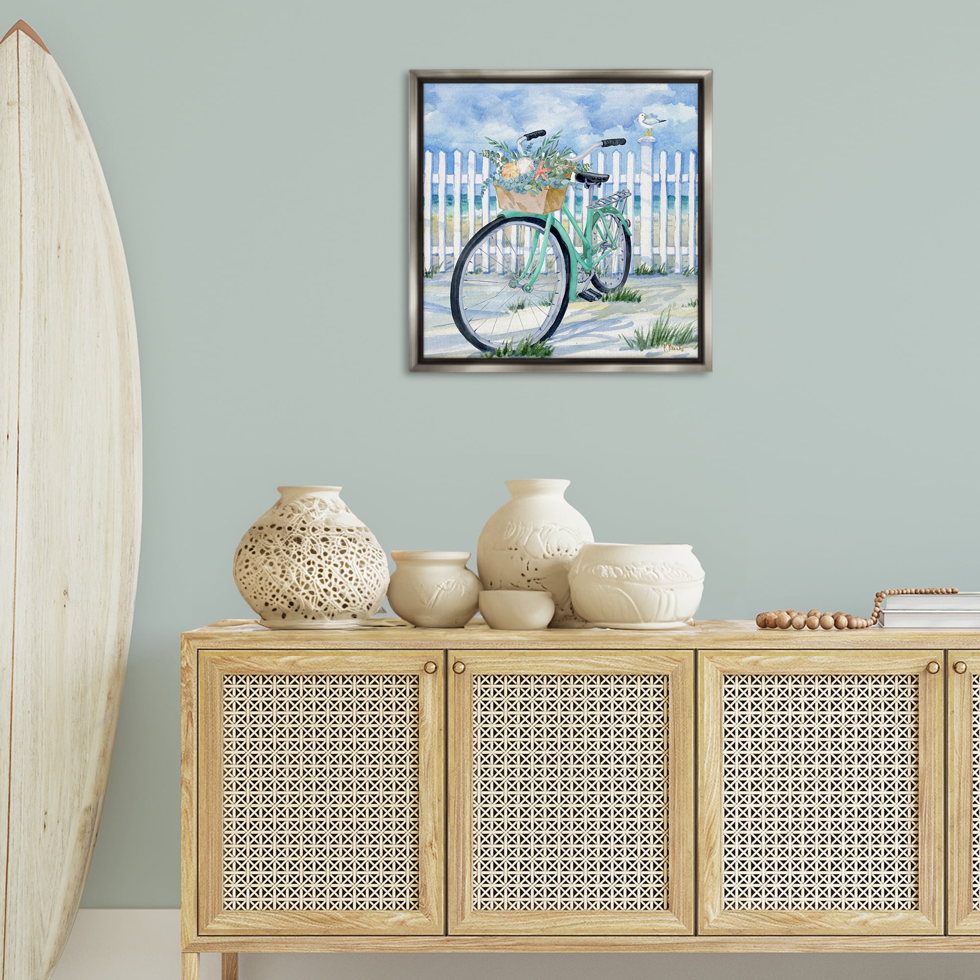Stupell Industries Bike on Rosemary Beach Transportation Painting Gray Floater Framed Canvas Art Print Wall Art, 25 x 25