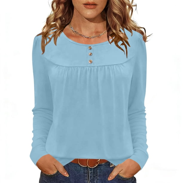 Camisas de Manga Corta para las Mujeres Casual Color Sólido Blusas Plisadas, Moda Cuello Redondo Tops de Verano para la Fiesta