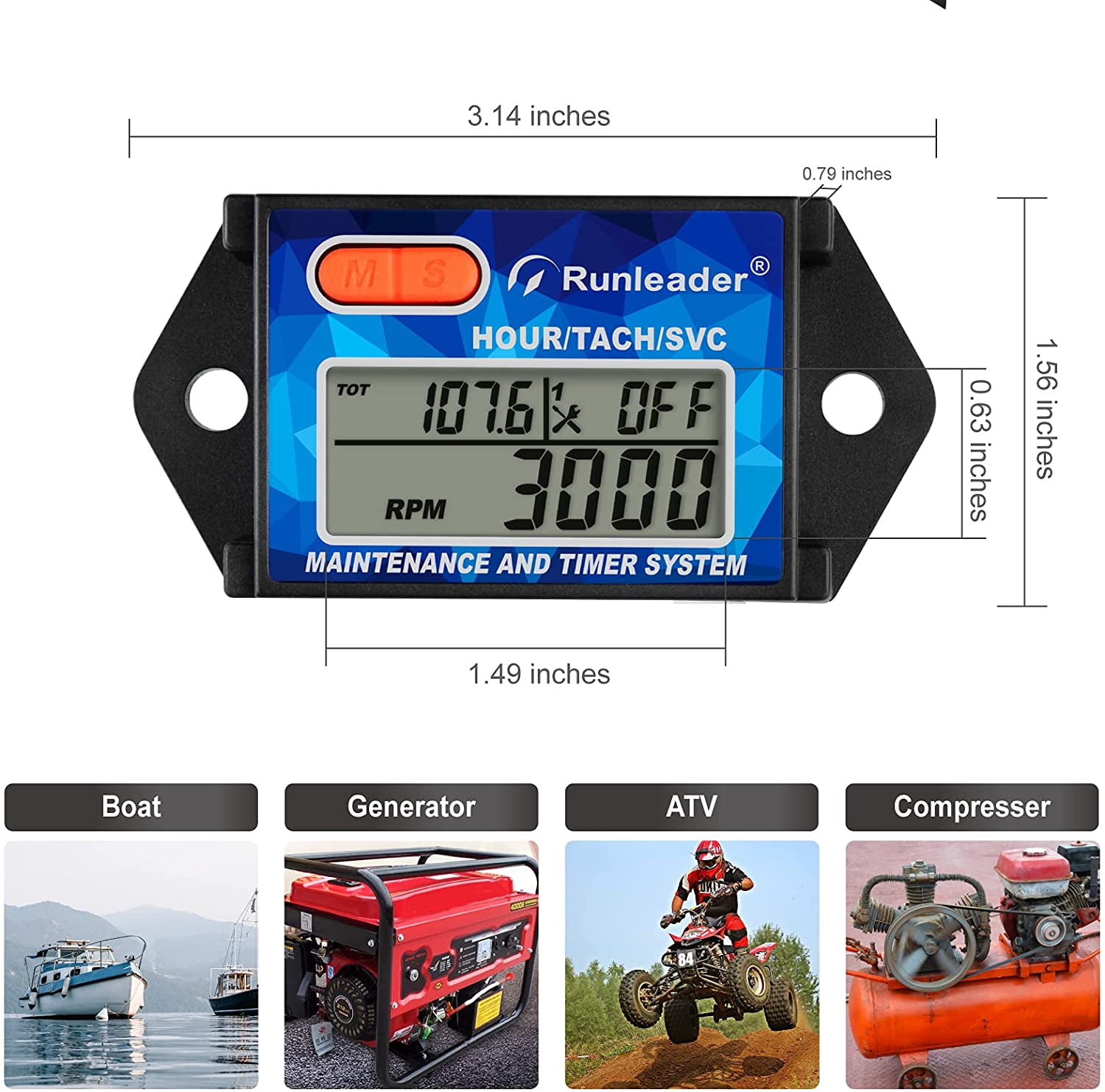 Use for Riding Lawn Mower Generator Outboard Motor Dirt Bike Chainsaw Log Spliter Scooter. Runleader Digital Hours Tachometer,Maintenance Reminder,Battery Replaceable,Works on Small Gas Engine Use for Riding Lawn Mower Generator Outboard Motor Dirt Bike Chainsaw Log Spliter Scooter. Runleader Digital Hours Tachometer,Maintenance Reminder,Battery Replaceable,Works on Small Gas Engine