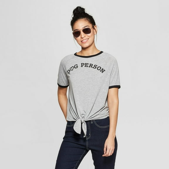 Fifth Sun Women's Short Sleeve Dog Person Graphic Front Tie T-Shirt (Juniors') - Gray -(Medium)