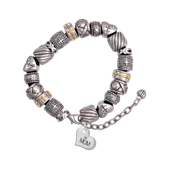 Silvertone Small ''Mom'' Heart with Clear Crystal Silver Tone Christian Bead Bracelet