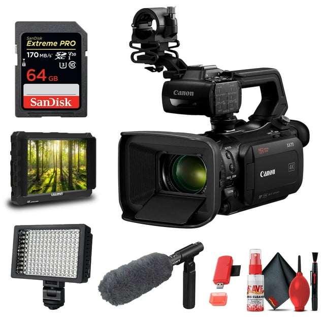 Canon XA70 UHD 4K30 Camcorder with Dual-Pixel Autofocus (5736C002) + ECM-VG1 Microphone, External HD Video Monitor, LED Video Light, & 64GB Memory Card(International Model)