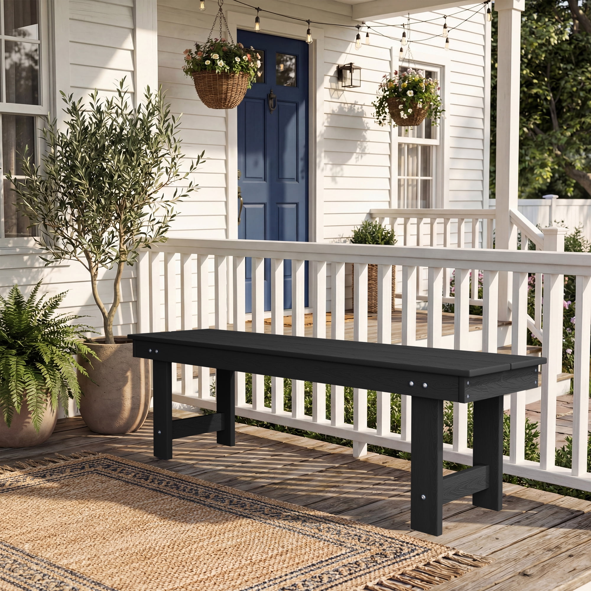 KINGYES 6 Piece Patio Dining Set, HDPE Outdoor Table and Chairs with Bench, Black