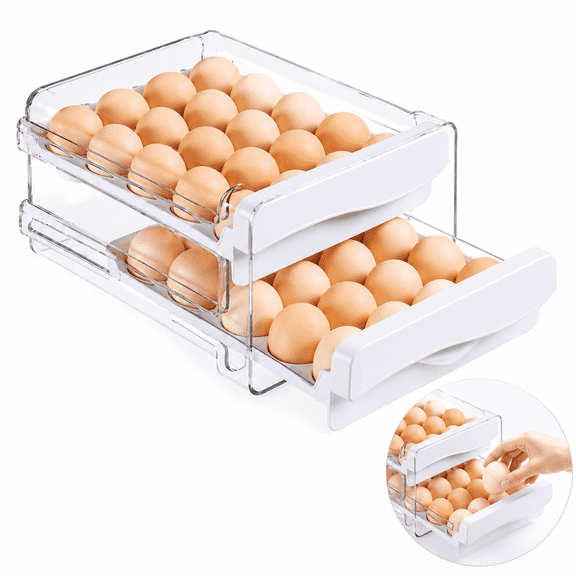 40-Slot 2-Tier Clear Stackable Refrigerator Egg Organizer with Pull-Out Drawers, Egg Holder for Home Kitchens and Office Refrigerators