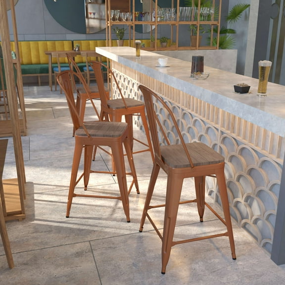 Flash Furniture 4 Pk. 24" High Copper Metal Counter Height Stool with Back and Wood Seat