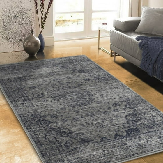 Allstar Rugs Distressed Grey And Light Rectangular Accent Area Rug With Navy Blue Persian Design 7 6 X 9 8