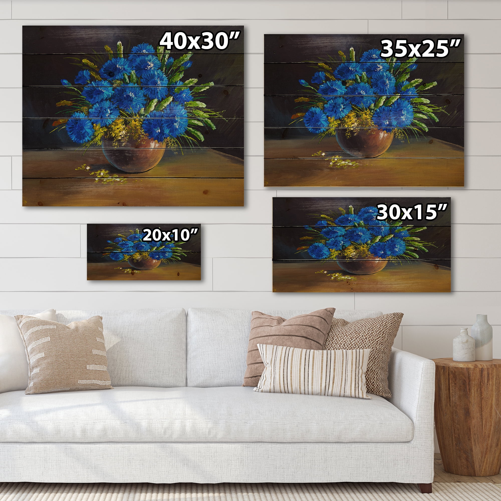 Designart 'Still Life A Bouquet Of Blue Wildflowers In Vase' Traditional Print on Natural Pine Wood