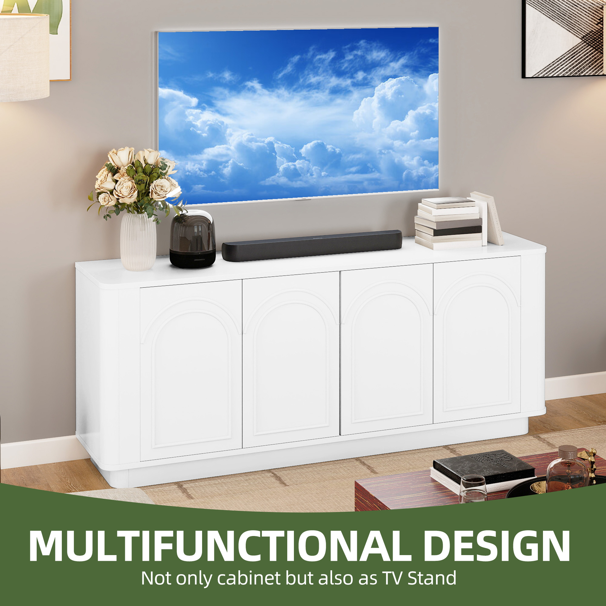 Uforic 70" TV Stand for TVs Up to 80", Entertainment Center with Cabinets & Arched Patterns for Living Room, White