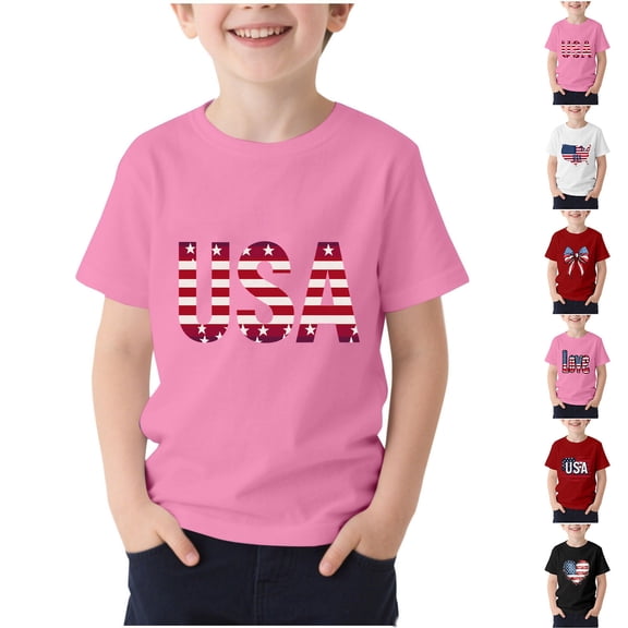 MKOSPLRT Toddler 4th of July Shirt, American Flag Print Crew Neck Short Sleeve Patriotic T-Shirt for Big Boy and Girl Black 3-4Years