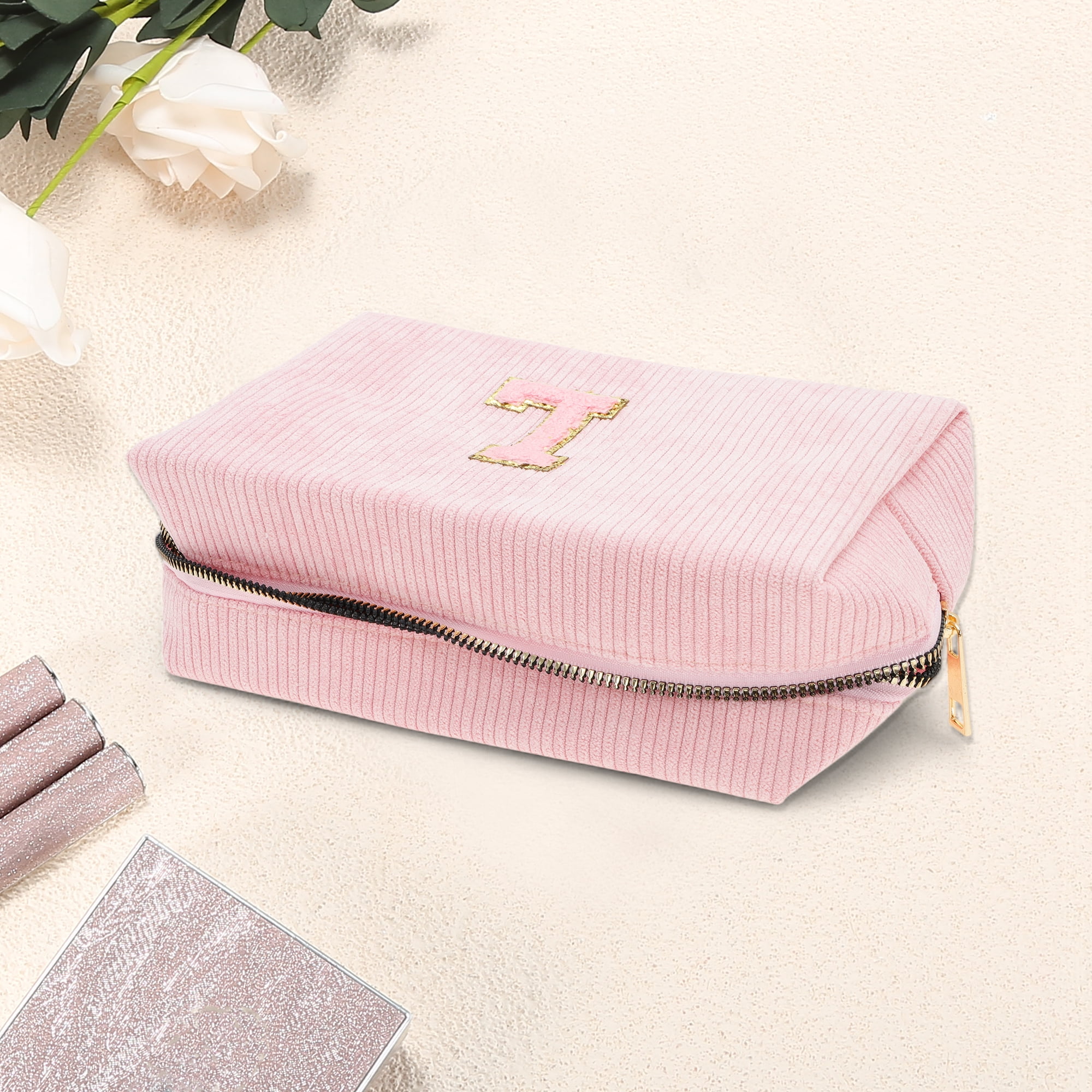 Unique Bargains 1 Pc Corduroy Rectangular Letter Makeup Bag Pink [Letter L]