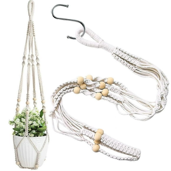 2 maceteros colgantes de macramé, macramé trenzado para colgar en la pared, soporte para plantas, cuerda de algodón con cuentas, maceta para flores