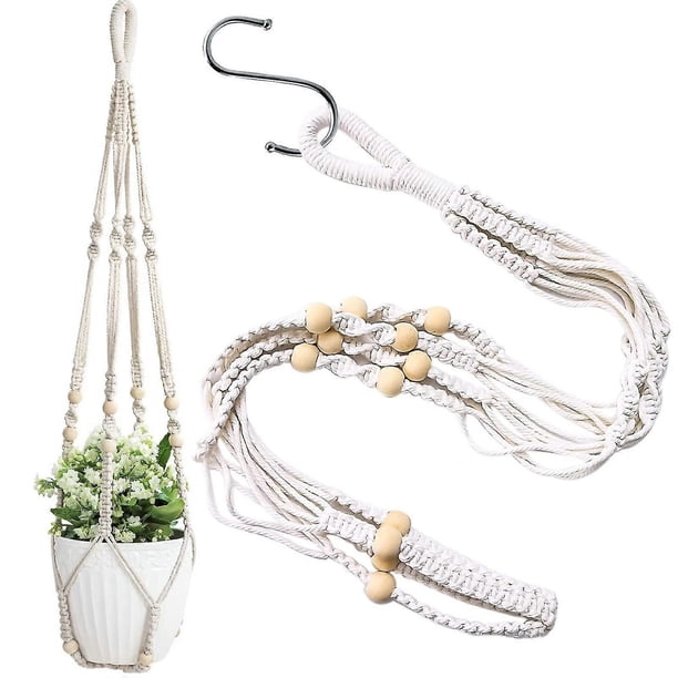 2 maceteros colgantes de macramé, macramé trenzado para colgar en la pared, soporte para plantas, cuerda de algodón con cuentas, maceta para flores