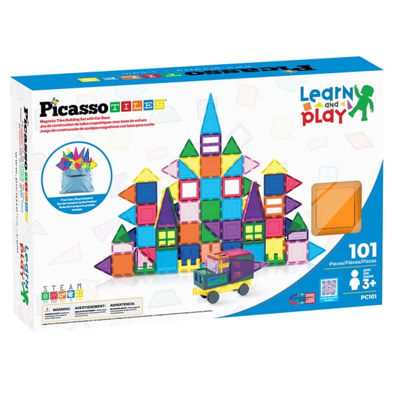 PicassoTiles Magnetic Tiles for Kids with Tote Bag – 101PCS STEM Building Blocks Set, Educational Construction Toy, Creative Learning Magnet Kit