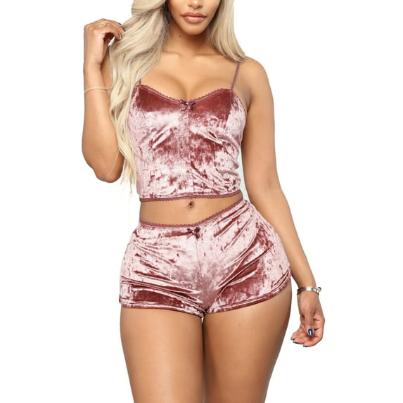 KOMOO Women Velvet Lace Sleepwear Sleeveless Crop Tops + Shorts Set 2pcs Pajamas Set