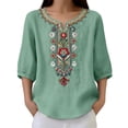 thumbnail image 4 of Women's T Shirts Solid Pleated Cotton Linen Top Casual Loose Fit Daily Shirts & Tees, 4 of 7