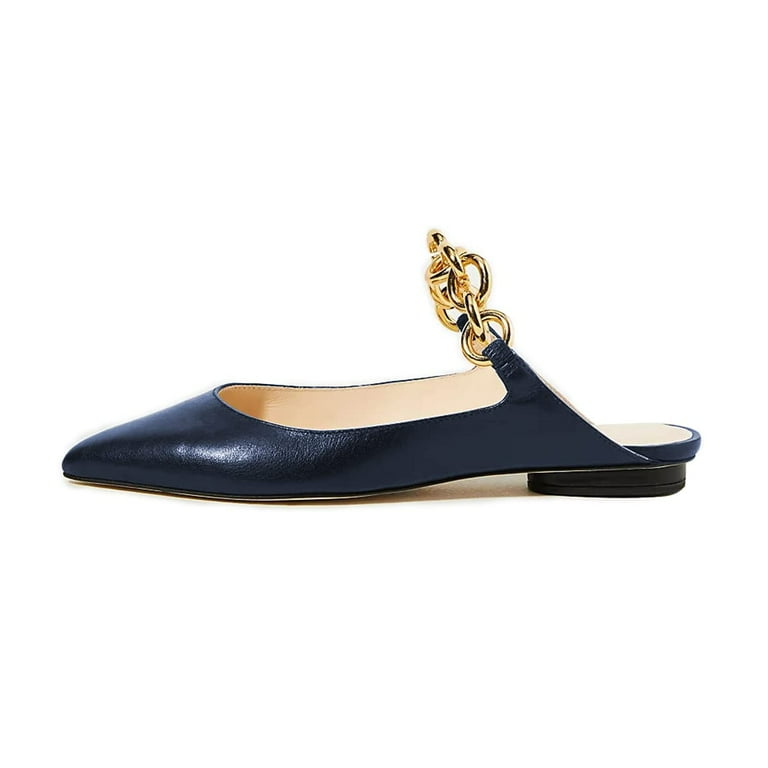 YDN Women Casual Pointed Toe Mules Low Heels Flats Slip on Slipper Sandals  with Gold Chain Summer Shoes Size 15 Navy - Walmart.com