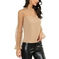 thumbnail image 4 of INSPIRE CHIC Women's Lace Bell Mesh Long Sleeve Round Neck Heart Dots Print Top Blouse S Khaki, 4 of 7
