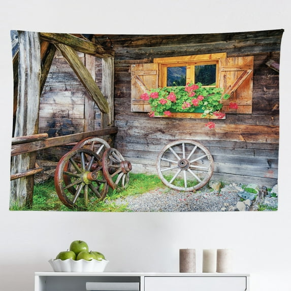 Shutters Tapestry, Wooden Window Shabby Paint Rusty Antique Traditional Village Picture Print, Fabric Wall Hanging Decor for Bedroom Living Room Dorm, 2 Sizes, Charcoal, by Ambesonne