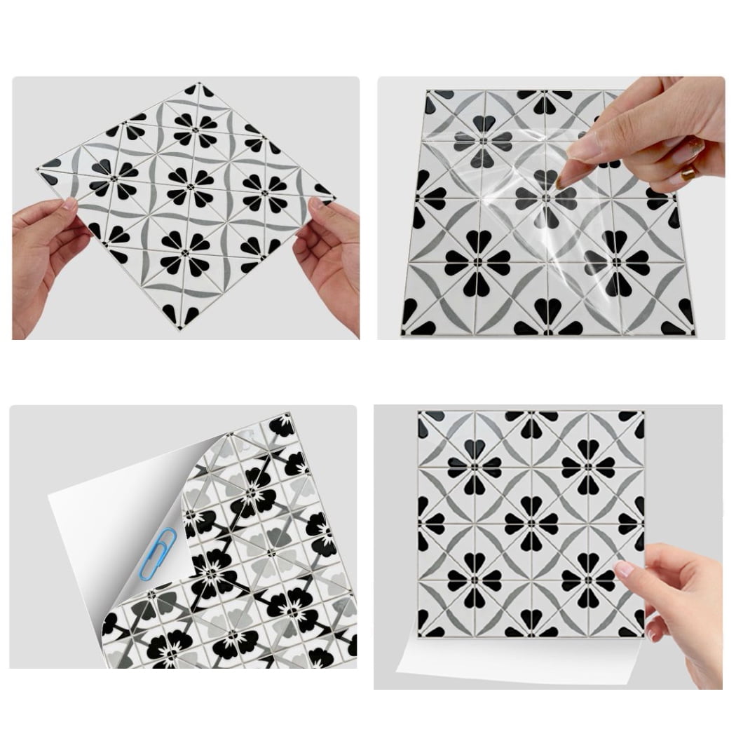 24Sheet Self Adhesive Tile Sticker Peel and Stick Backsplash 7.87" x 7.87" DIY Decor Gray Black Flowers Wall Stickers Waterproof Vinyl Decals