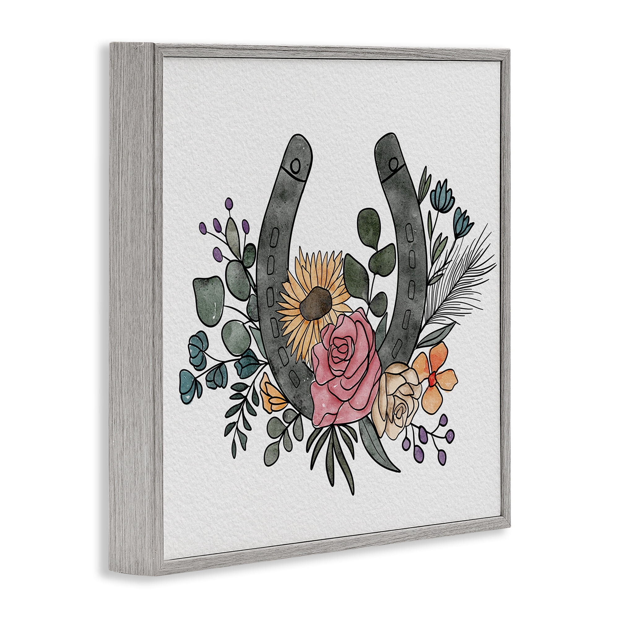 Stupell Industries Boho Floral Horseshoe Gray Framed Giclee Art, design by Alisha Kiara Design