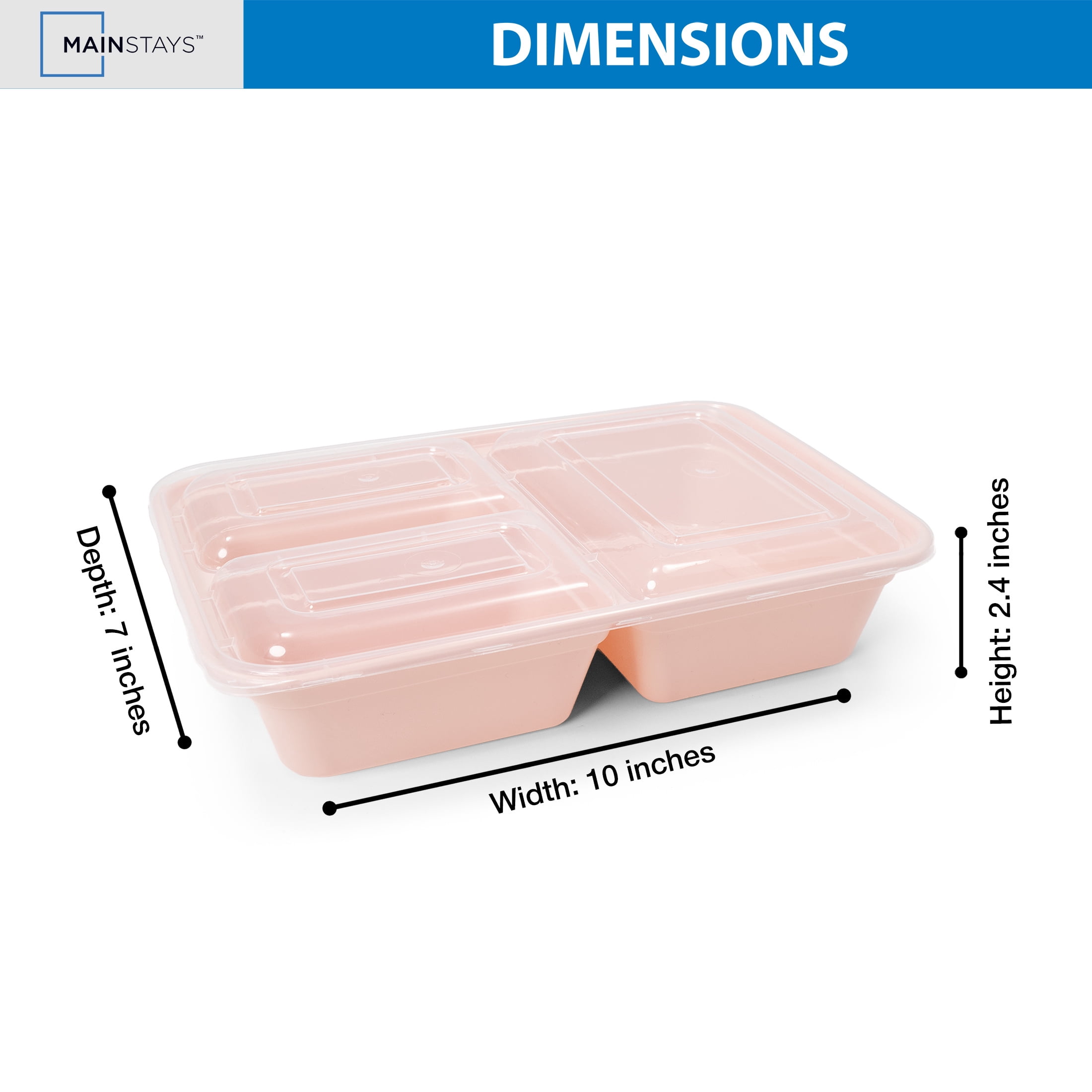 Mainstays 5-Pack 3-Compartment BPA-Free Plastic Meal Prep Food Storage Containers, 1.2L, Pink Blush