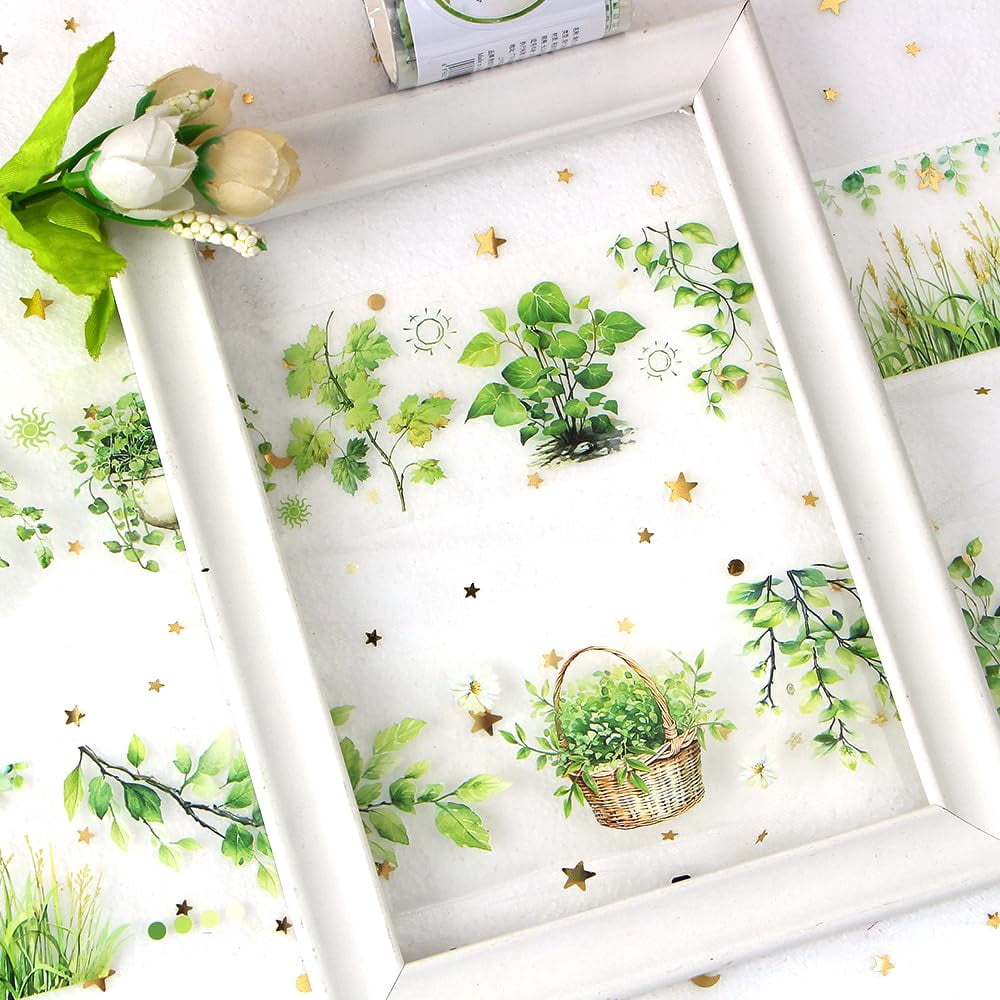 2m/Roll Floral Washi Tape Green Botanical Plant Washi Tape Stickers for Journaling Transparent Flower Washi Tapes PET Tape Washy Tape Decorative Masking Tape Decorative Tape for Crafts Scrapbooking